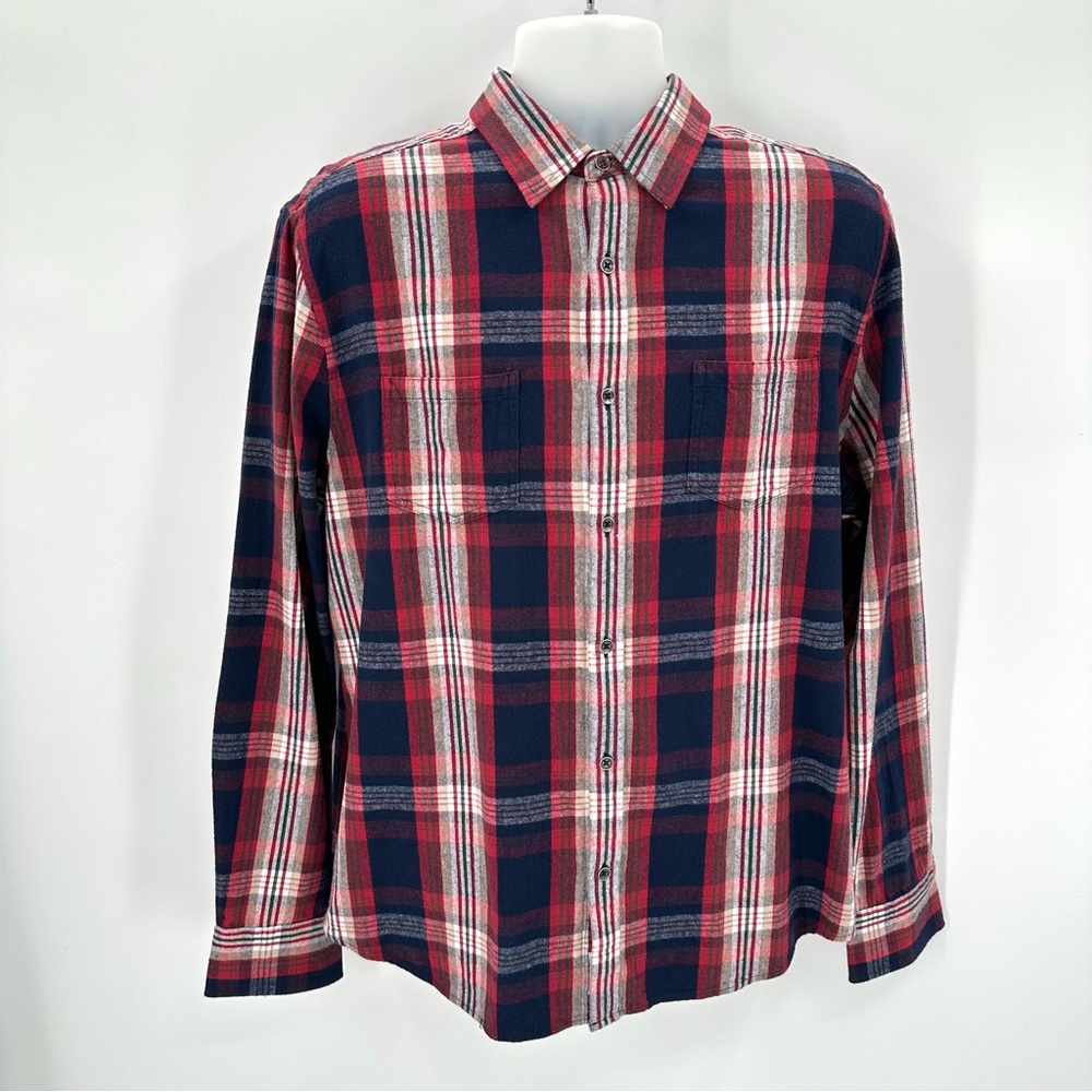 Flag & Anthem Shirt Flannel Mens L Blue Red Plaid L/S Button Up Casual Cabincore